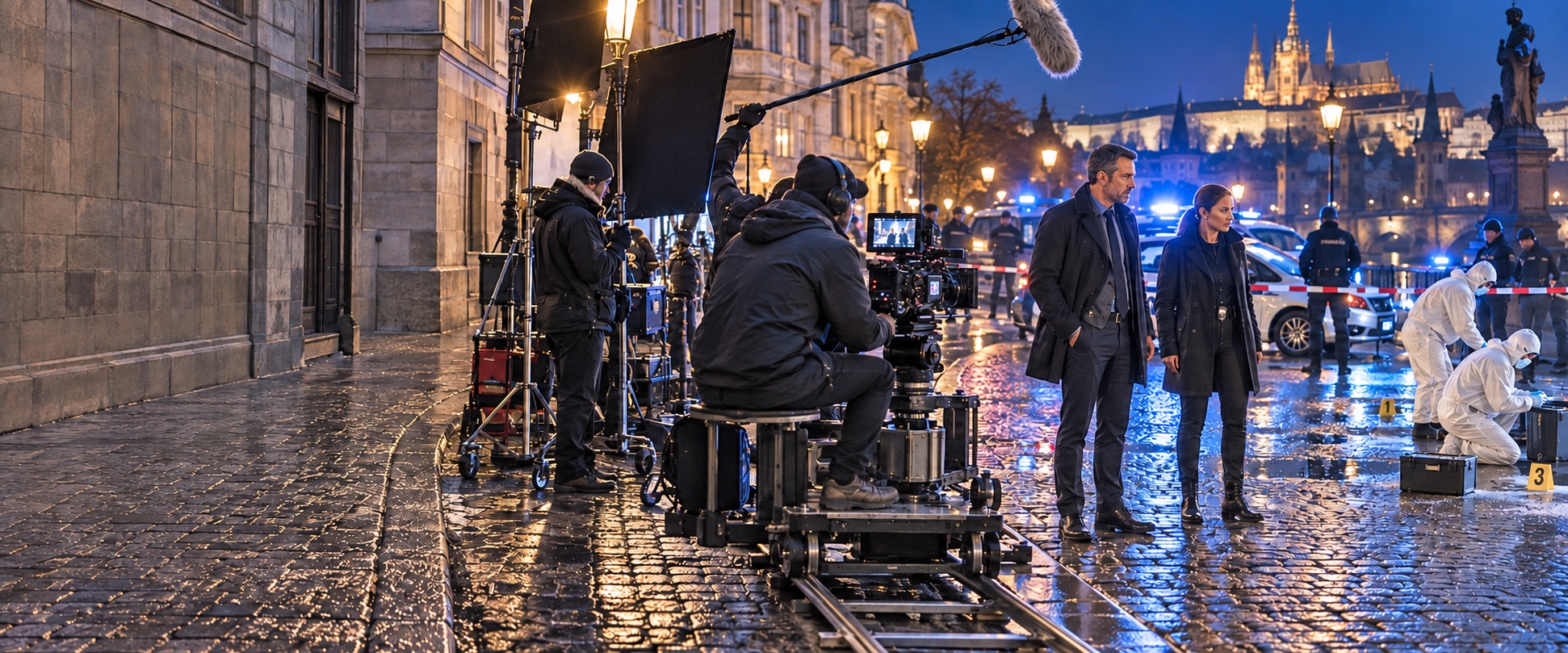 Filming a crime scene on a European city street