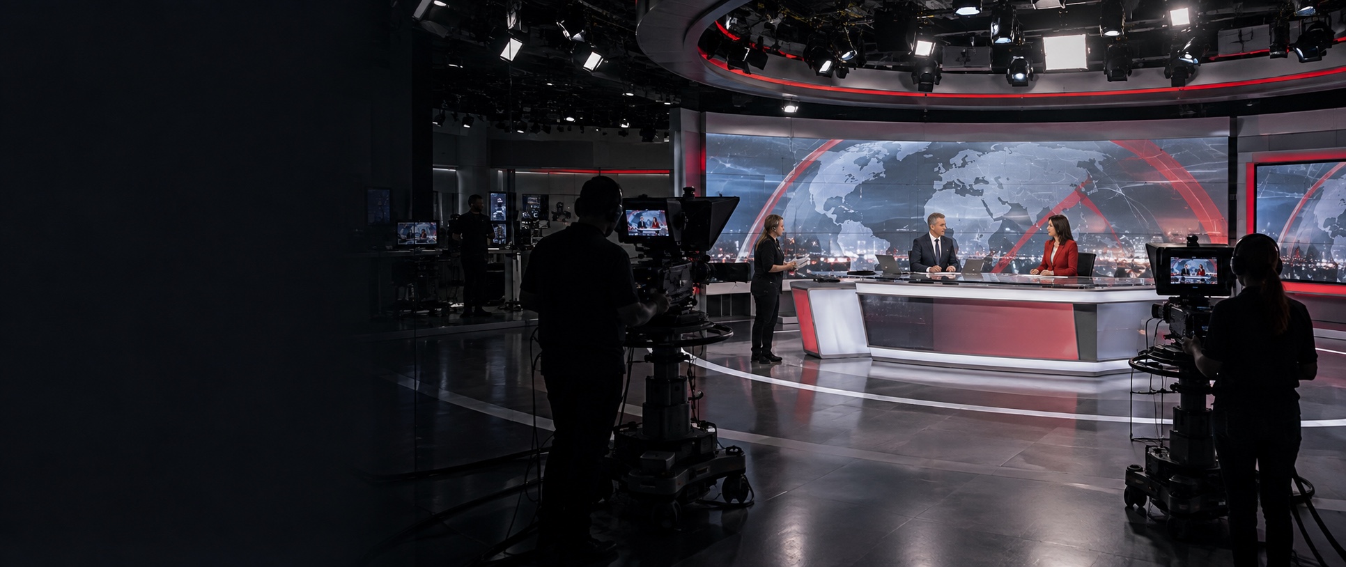 Television news studio with presenters, cameras and studio crew