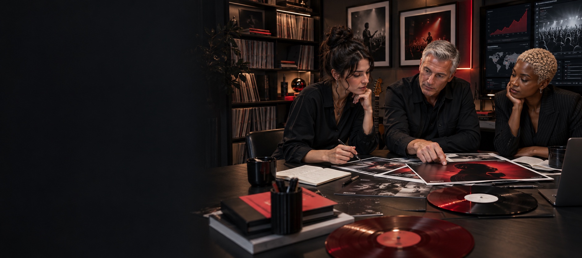 Dedicated Metrophon label team planning an international music marketing campaign