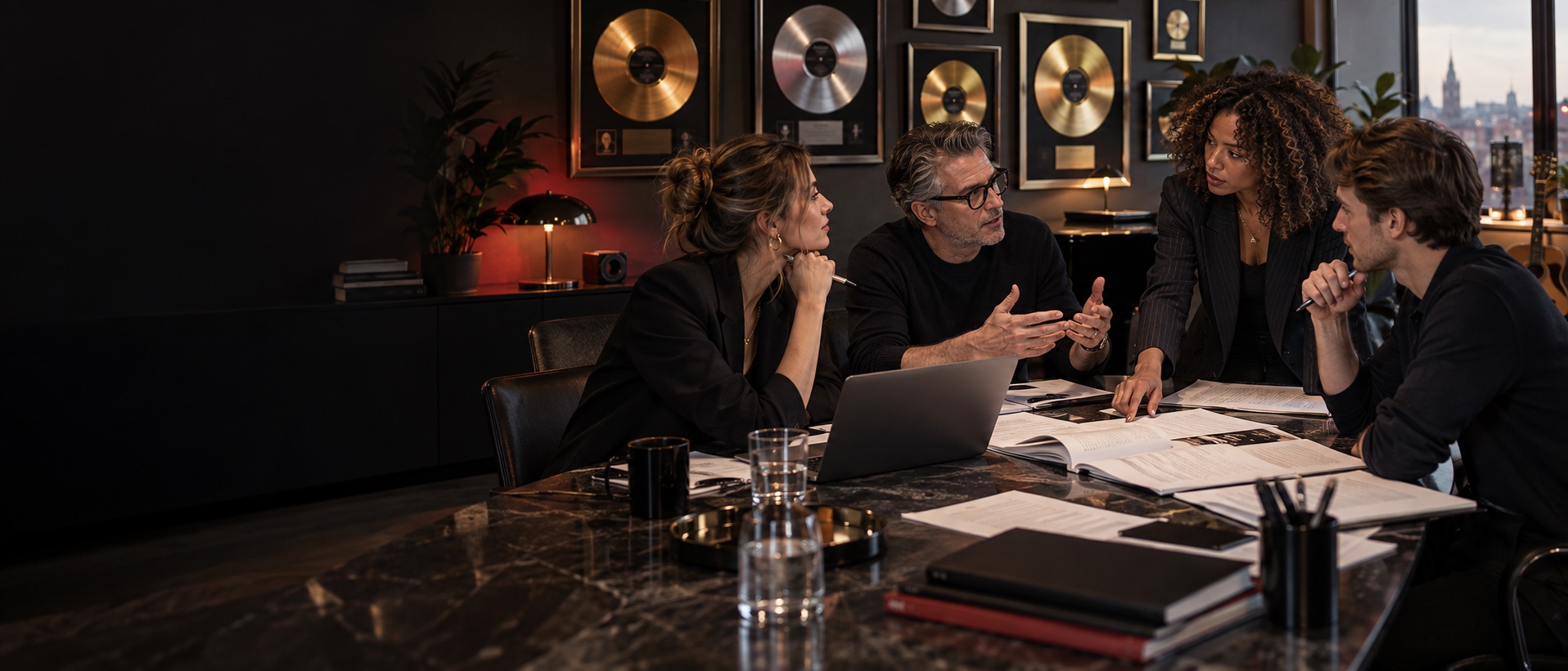 Music publishing team in an energetic rights meeting in front of gold and platinum records