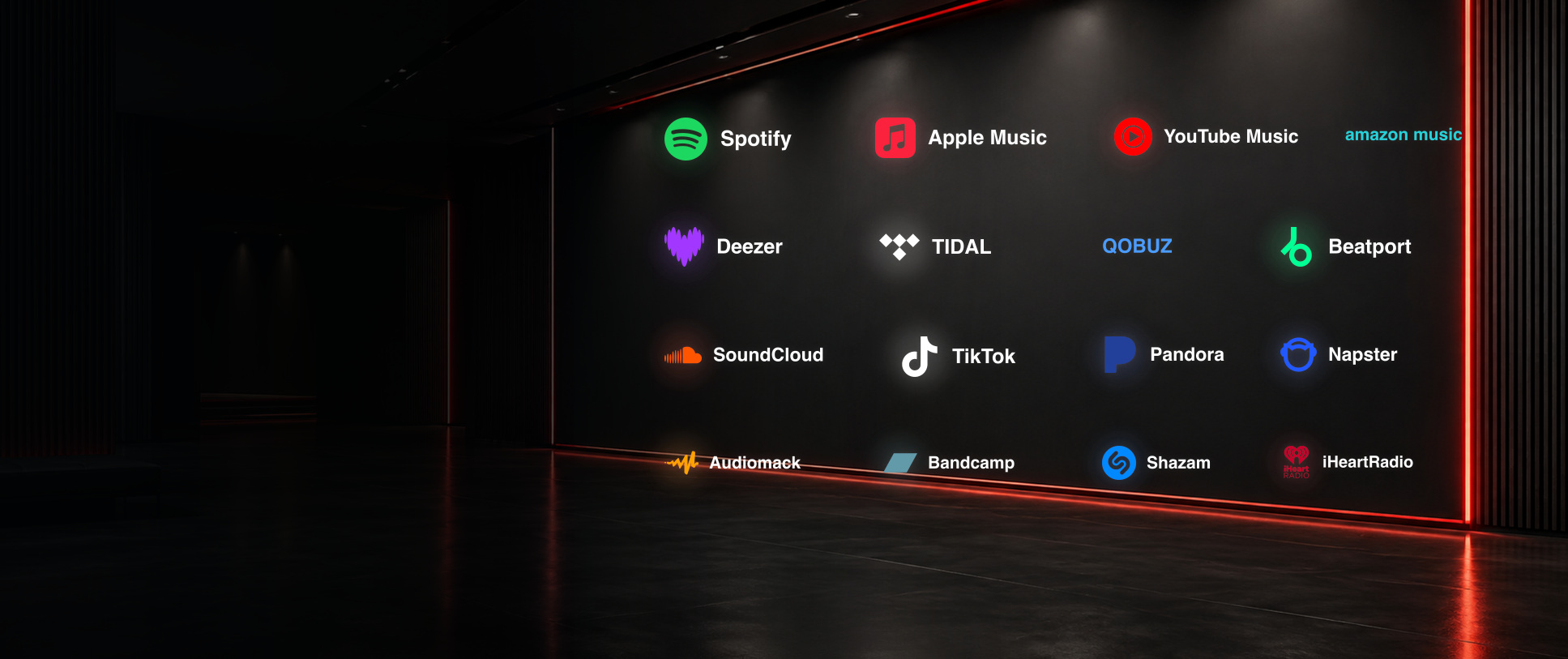 Illuminated logos of international music platforms on the Metrophon store wall